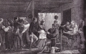 Talonpoikaista ilonpitoa säkkipillin tahdissa kyläkapakassa 1840-luvulla. Lönnrothia suretti juopottelu, mihin viinanpolttomonopolillaan ja kapakoillaan saksalaiskartanot rahvaan ohjasivat.